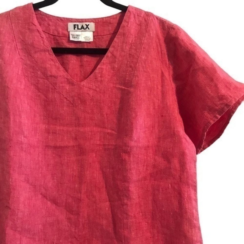 FLAX Muted Red Linen V-Neck Top Short Sleeves Lightweight Lagenlook Medium